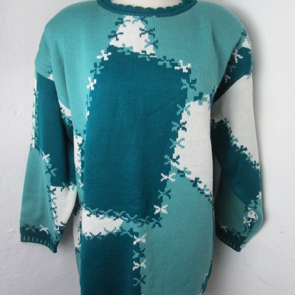 VINTAGE 90's Forenza Sweater Women's L Oversized Fit Green Teal Geometric - Picture 1 of 6